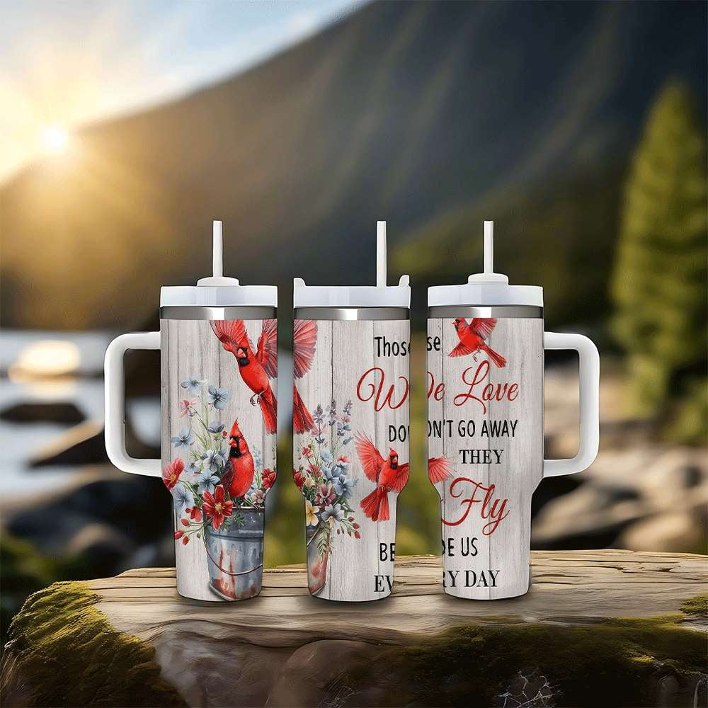 Cardinal Insulated Tumbler with Lid and Straw, Stainless Steel Travel Mug with Handle, Floral Rustic Cardinal Cup, Double Wal
