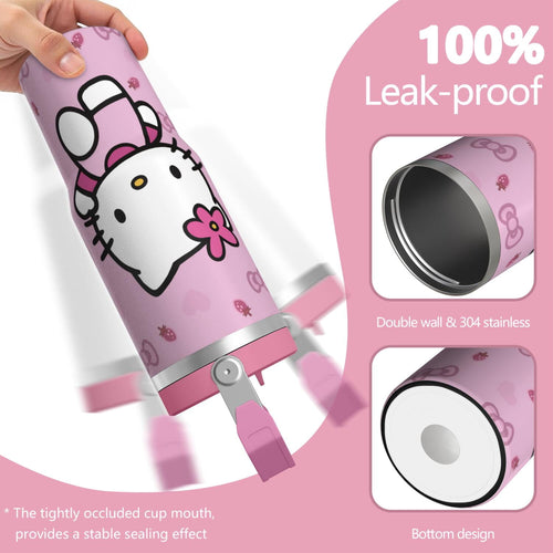 30oz Hello Kawaii Cat Cute Stainless Steel Tumbler with Lid and Straw,Spill Proof Travel Cup Double Wall Vacuum Insulated Cof