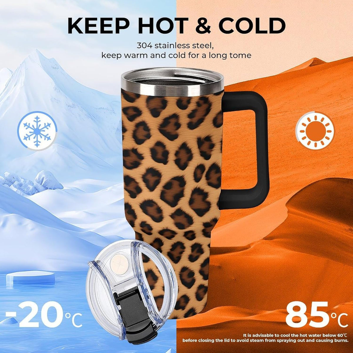40oz Insulated Stainless Steel Tumbler with Handle, Abstract Brown Leopard Print Leakproof Water Bottles Travel Mug with Lid 