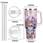 Purple Floral Gnome Stainless Steel Tumbler with Handle and Straw, Insulated Travel Mug for Women, Cute Spring Flower Cup Gif