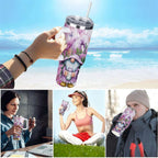 Purple Floral Gnome Stainless Steel Tumbler with Handle and Straw, Insulated Travel Mug for Women, Cute Spring Flower Cup Gif