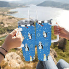 Penguin Winter Travel Tumbler with Lid and Straw, Stainless Steel Insulated Cup with Cute Snow & Ski Design