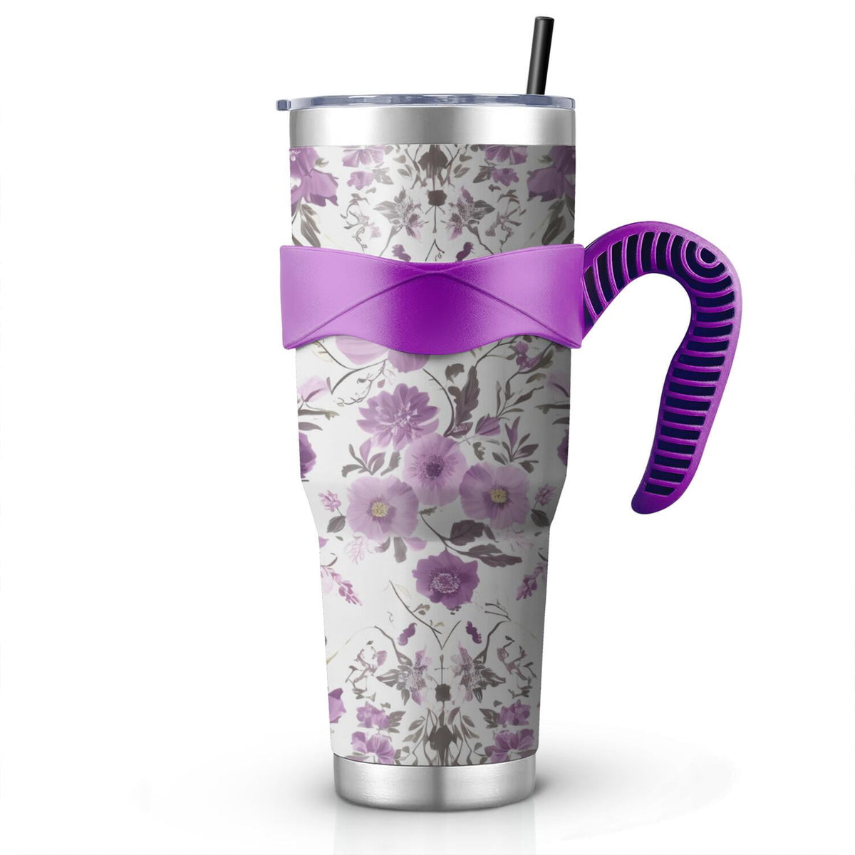 40 Oz Purple Floral Tumbler with Handle and Silicone Straws,Pioneer Double Wall Vacuum Insulated Stainless Steel Travel Mug L