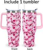 40 Oz Valentines Day Tumbler 3d-Printed Pink Love Tumbler Gifts for Couple Women Men Insulated Travel Cup with Handle Lid and