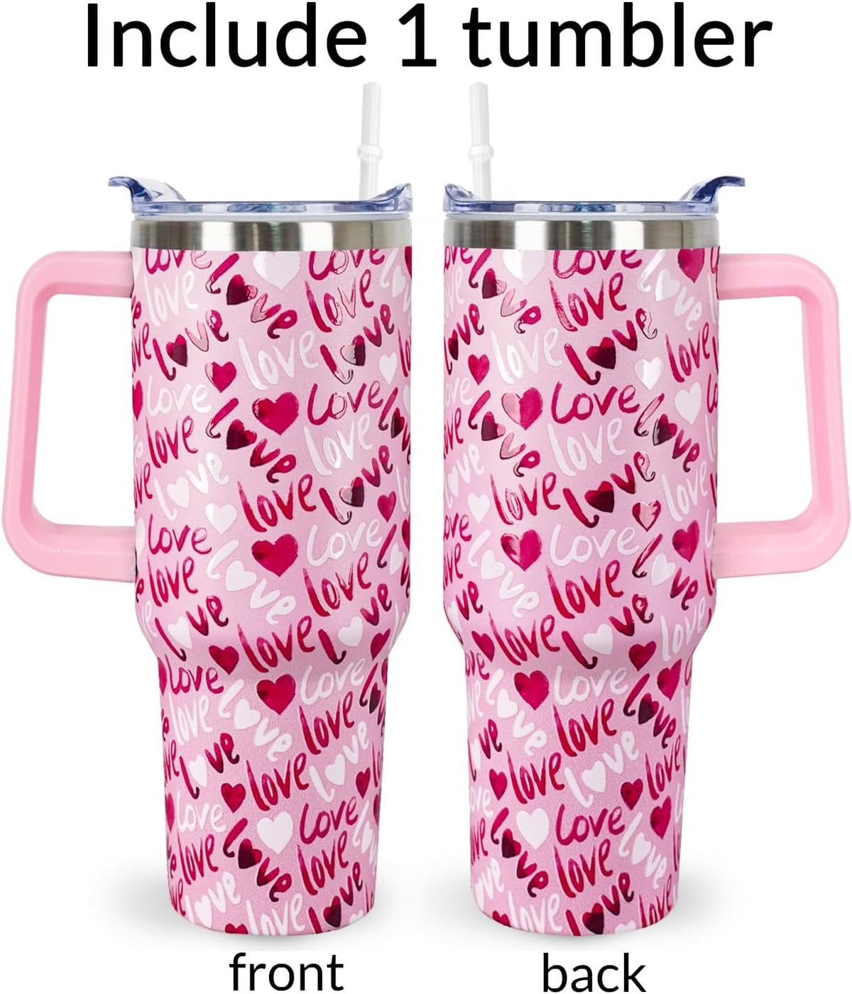 40 Oz Valentines Day Tumbler 3d-Printed Pink Love Tumbler Gifts for Couple Women Men Insulated Travel Cup with Handle Lid and