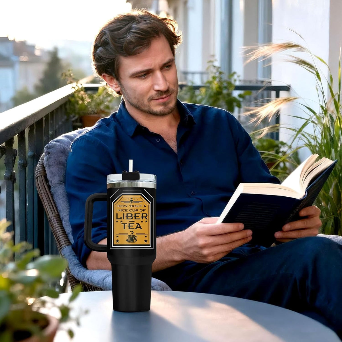 Liber Tea Tumbler 40oz with Handle and Straw, Patriotic Tea Vacuum Insulated Travel Gaming Cup, Gamer Gifts for Father''s Day