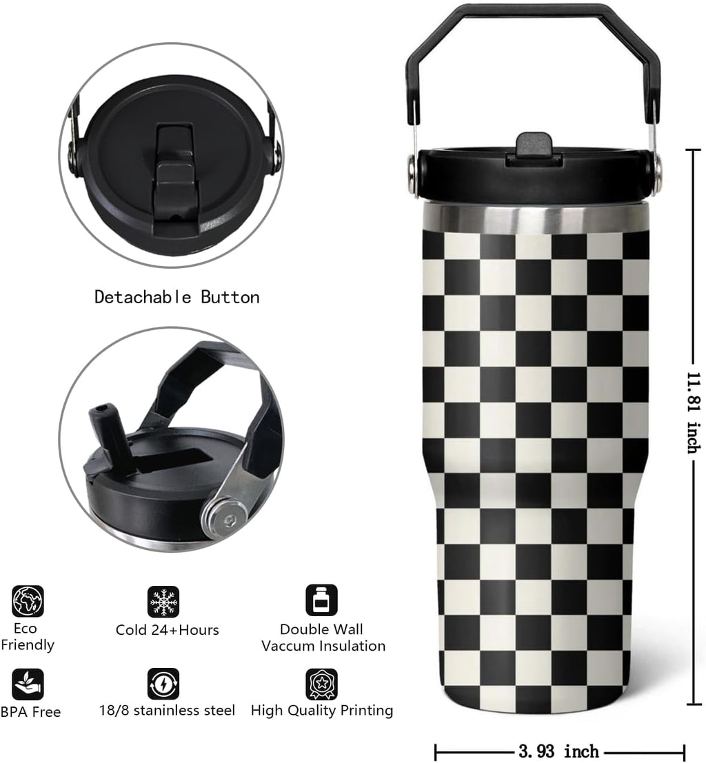 30 Oz Black and white Checkered FlipTumbler with Handle Lid and Straw, Checkered Tumbler Water Bottle Travel Coffee Cup Mug,C