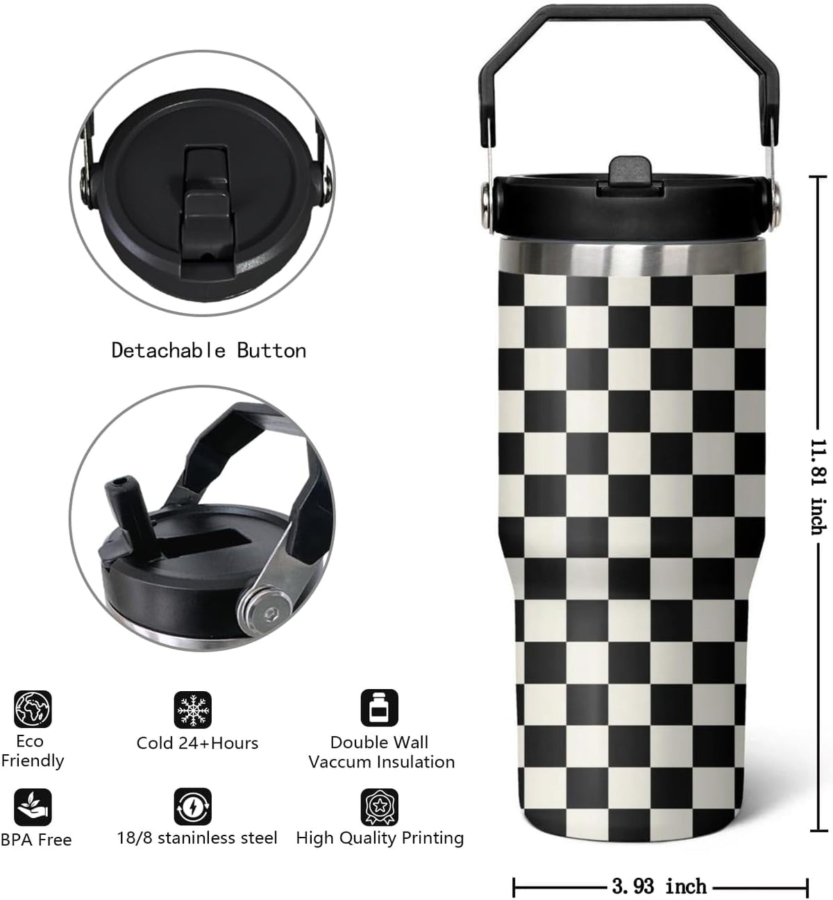 30 Oz Black and white Checkered FlipTumbler with Handle Lid and Straw, Checkered Tumbler Water Bottle Travel Coffee Cup Mug,C