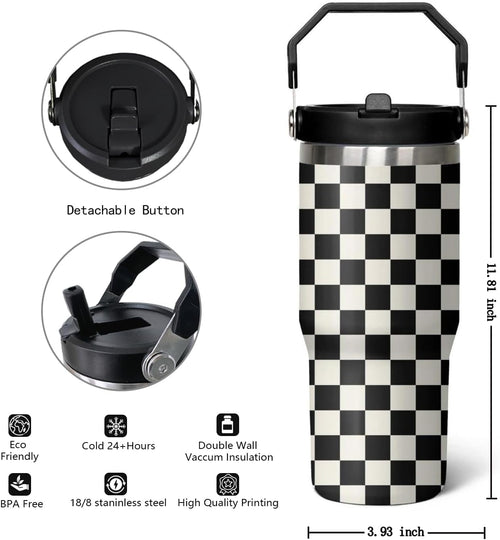 30 Oz Black and white Checkered FlipTumbler with Handle Lid and Straw, Checkered Tumbler Water Bottle Travel Coffee Cup Mug,C