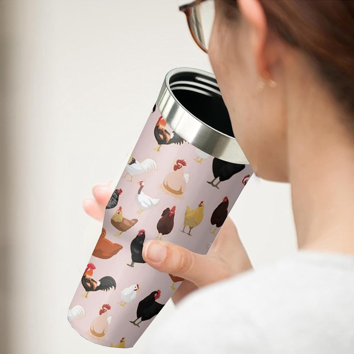 30 oz Chicken Tumbler with Handle and Flip Straw, Stainless Steel Double Insulated Cup with Lid and Straw, Travel Coffee Mug 