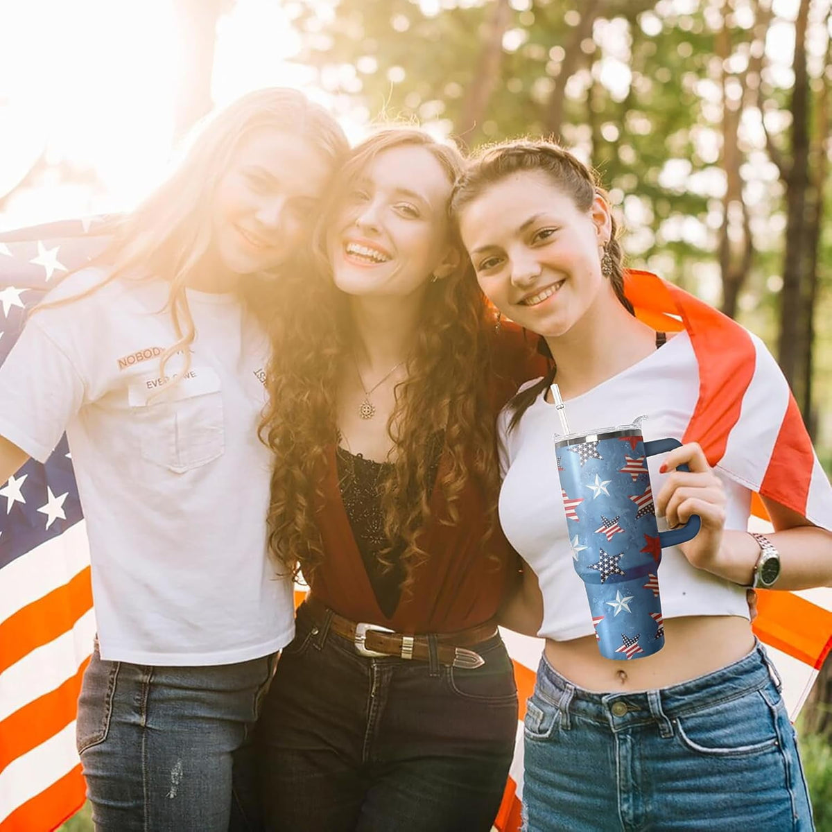 40oz American Flag 4th of july Tumbler With Handle and Straw, Gifts For Memorial Day Veterans day Independence day, Patriots 