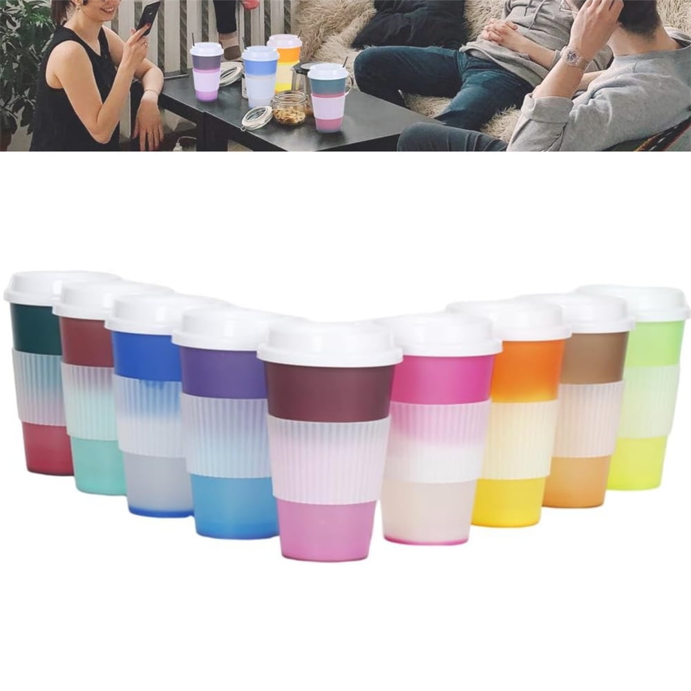 10 Pack 16 Oz Plastic Coffee Cups with Leak-Proof Covers,Hot Color Changing Water Cups,Reusable Hot Drink Tumbler,Durable & P