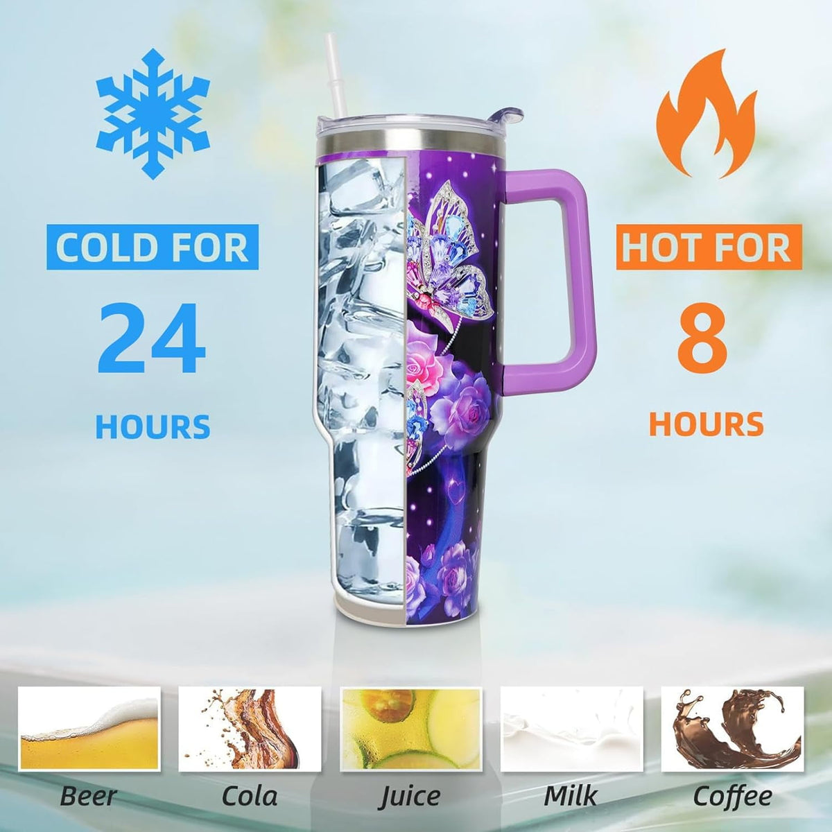 40 oz Tumbler with Handle and Straw Lid, Purple Butterfly Insulated Cup, Double Vacuum Leak Proof Coffee Travel Mug, Flower S
