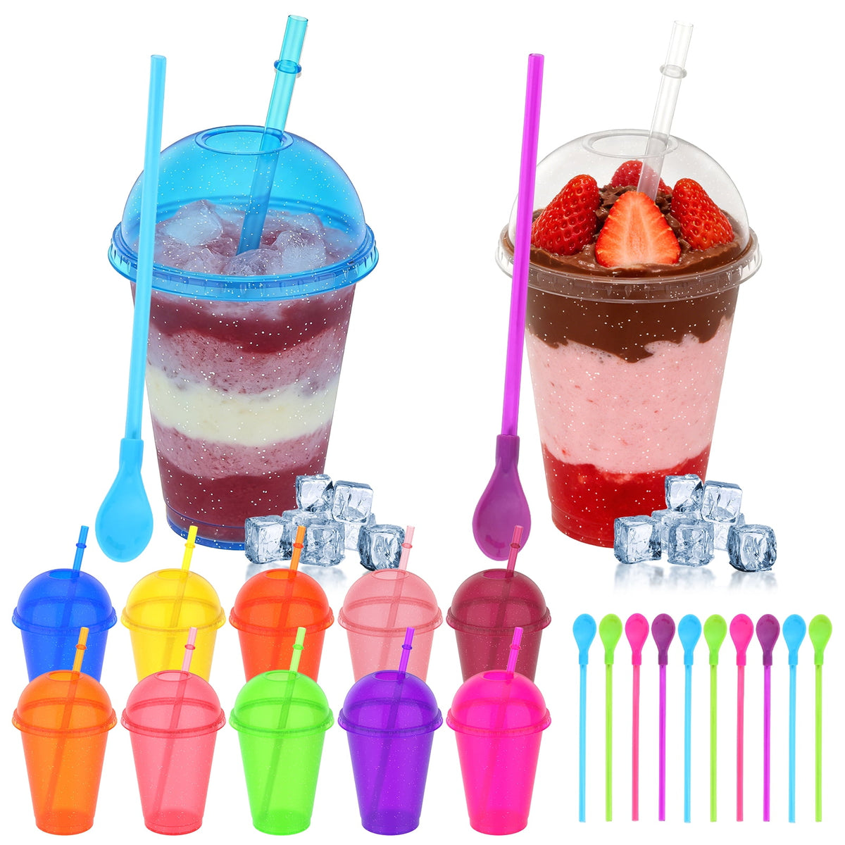 12 Sets-16 oz Slushie Cups with Dome Lids and Straws Detachable Spoon Straws Reusable Plastic Iced Coffee Cups Smoothie Tumbl