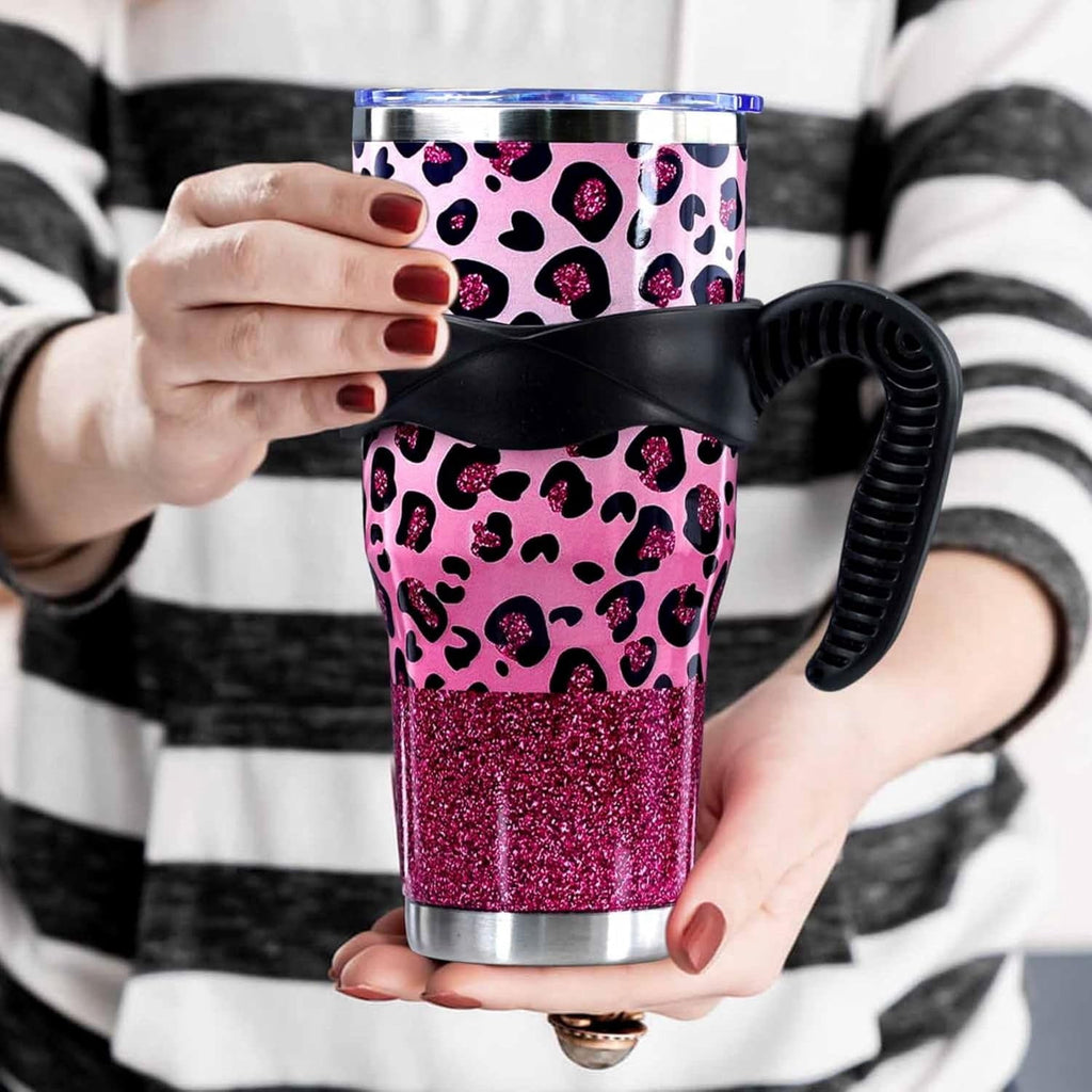 Sunmdecor Pink Leopard Print Tumbler with Handle and Silicone Straws - 40 Oz Cheetah Insulated Tumbler - Leopard Cup Gift for