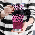 Sunmdecor Pink Leopard Print Tumbler with Handle and Silicone Straws - 40 Oz Cheetah Insulated Tumbler - Leopard Cup Gift for