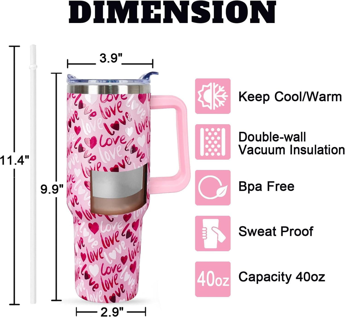 40 Oz Valentines Day Tumbler 3d-Printed Pink Love Tumbler Gifts for Couple Women Men Insulated Travel Cup with Handle Lid and