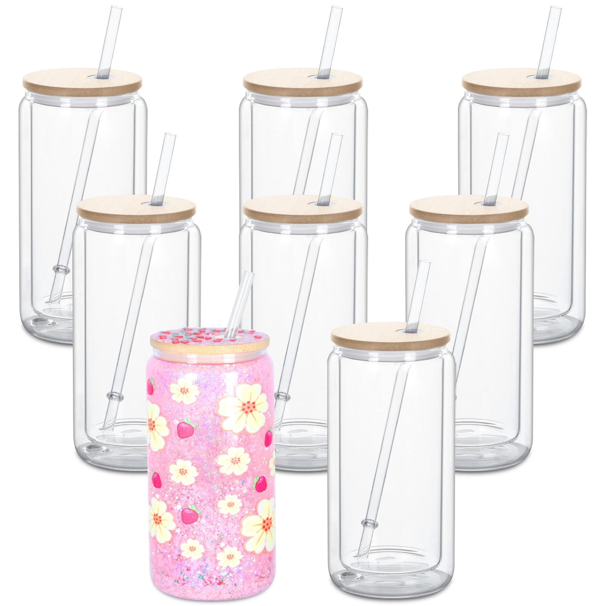 16 Oz Glass Snow Globe Tumbler with Bamboo Lid, 8 Pack Double Wall tumblers, Pre-Drilled Snow Globe cups for Glitter Diy Gift