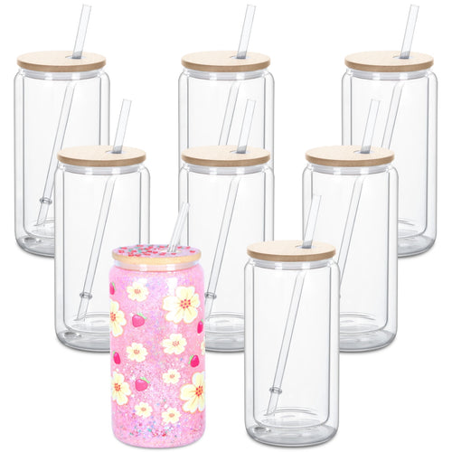 16 Oz Glass Snow Globe Tumbler with Bamboo Lid, 8 Pack Double Wall tumblers, Pre-Drilled Snow Globe cups for Glitter Diy Gift