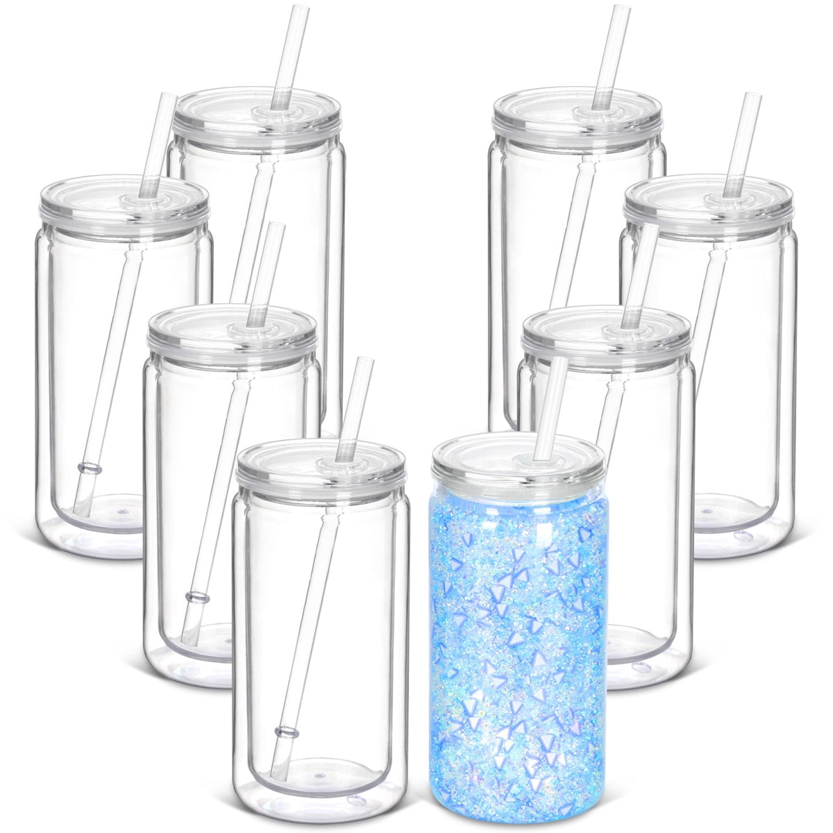 16 Oz Plastic Snow globe Tumbler with Pre-drilled hole, 8 Pack Double Wall tumblers with clear lid and straw, Snow Globe cups