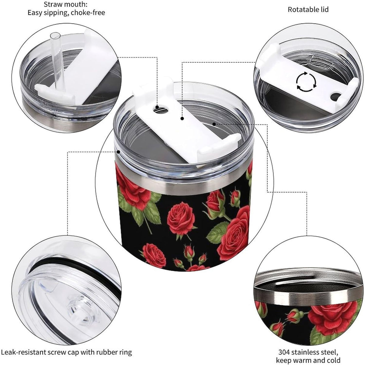 40 oz Insulated Floral Flowers Red Rose Coffee Tumbler with Portable Handle, Stainless Steel Vacuum Travel Mug for Unisex Hom