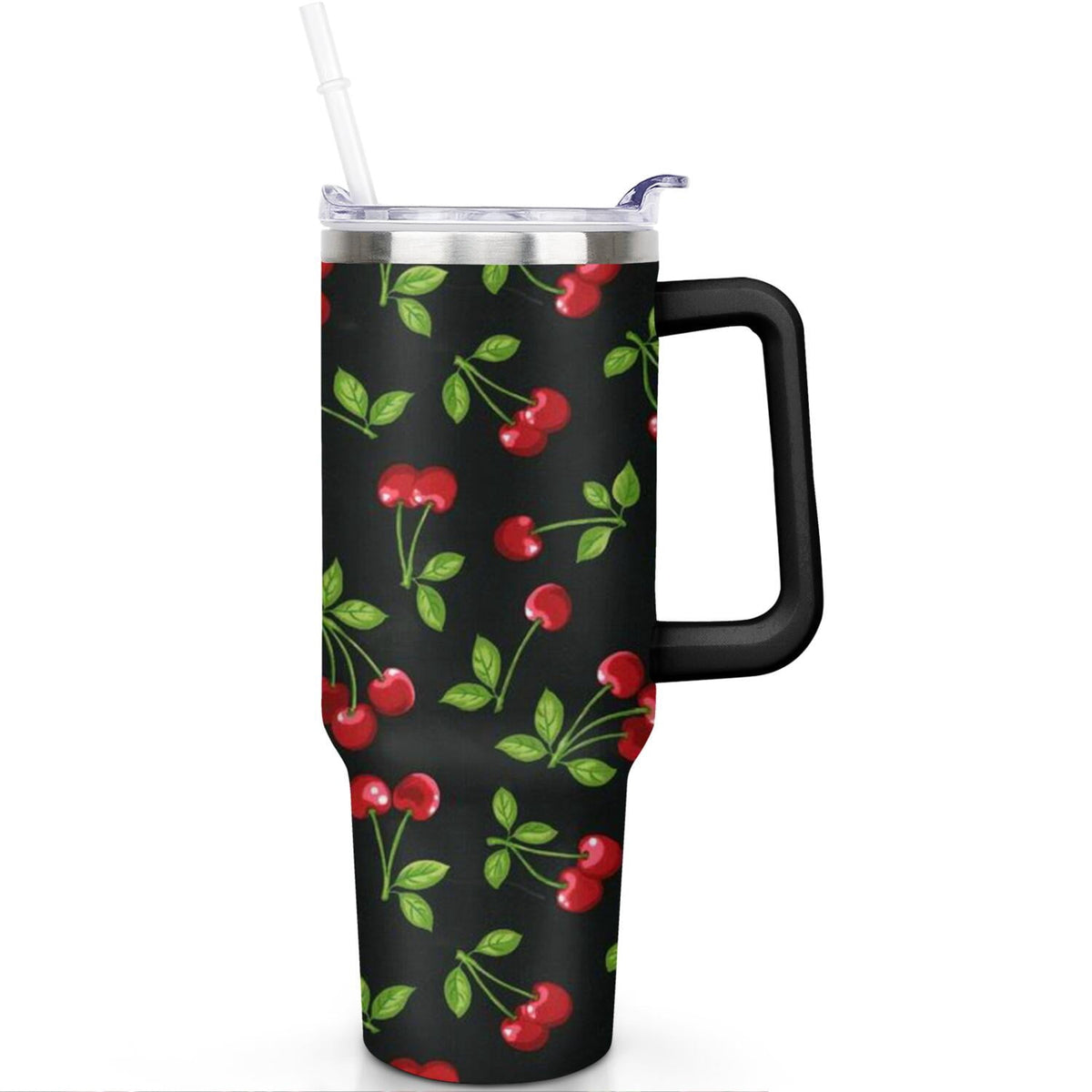 40oz Red Cherry Fruit Pattern Stainless Steel Flip Straw Tumbler Spill Proof Travel Cup Double Wall Vacuum Insulated Coffee M