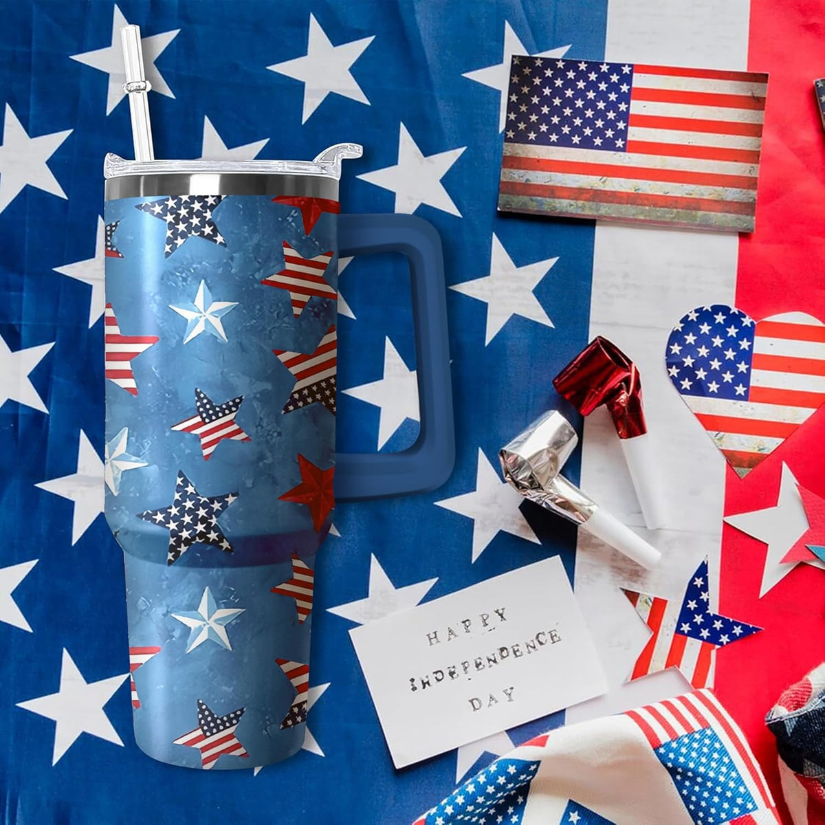 40oz American Flag 4th of july Tumbler With Handle and Straw, Gifts For Memorial Day Veterans day Independence day, Patriots 