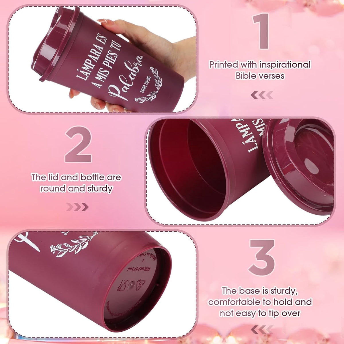 Spanish Bible Verse Tumblers Bulk, 16 oz Reusable Christian Cups with Lids, Plastic Coffee Cups for Church Events, Bible Stud