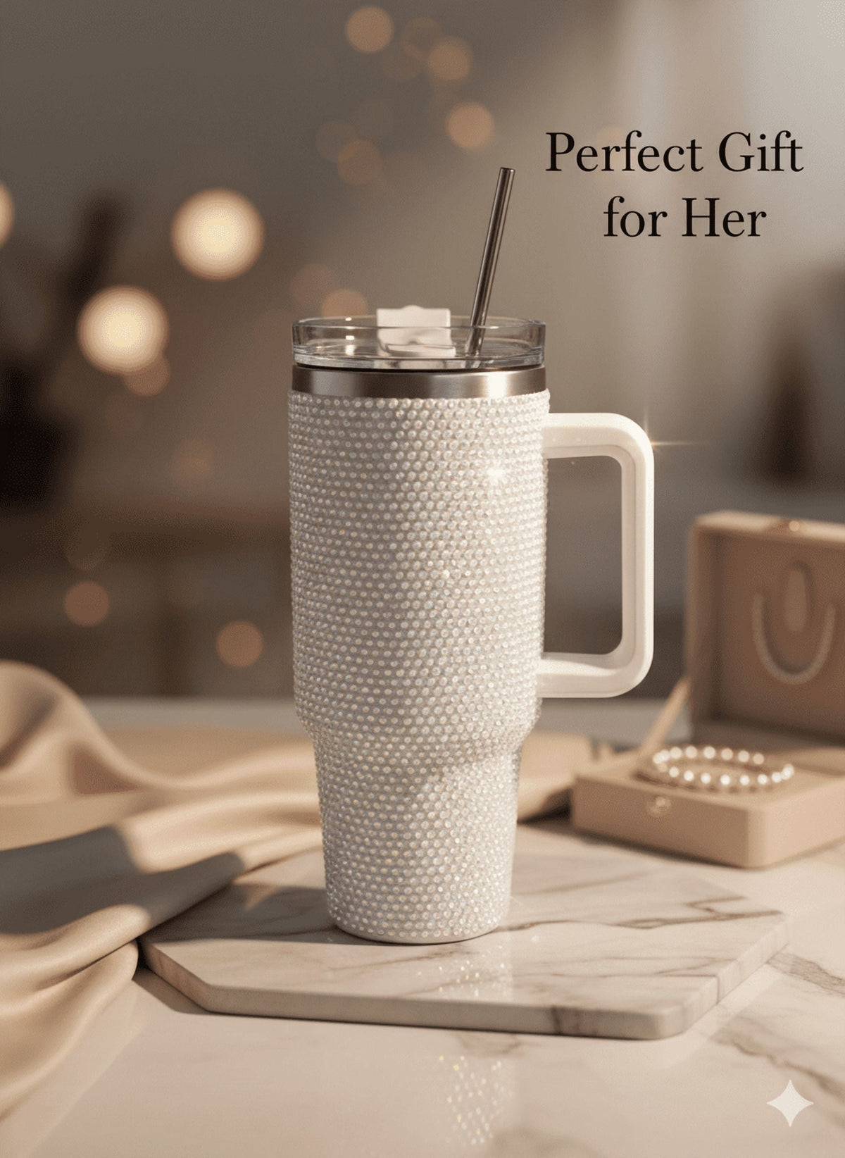 Thirstee 40 oz Rhinestone Tumbler with Handle and Metal Straw Lid, White Bling Insulated Travel Mug