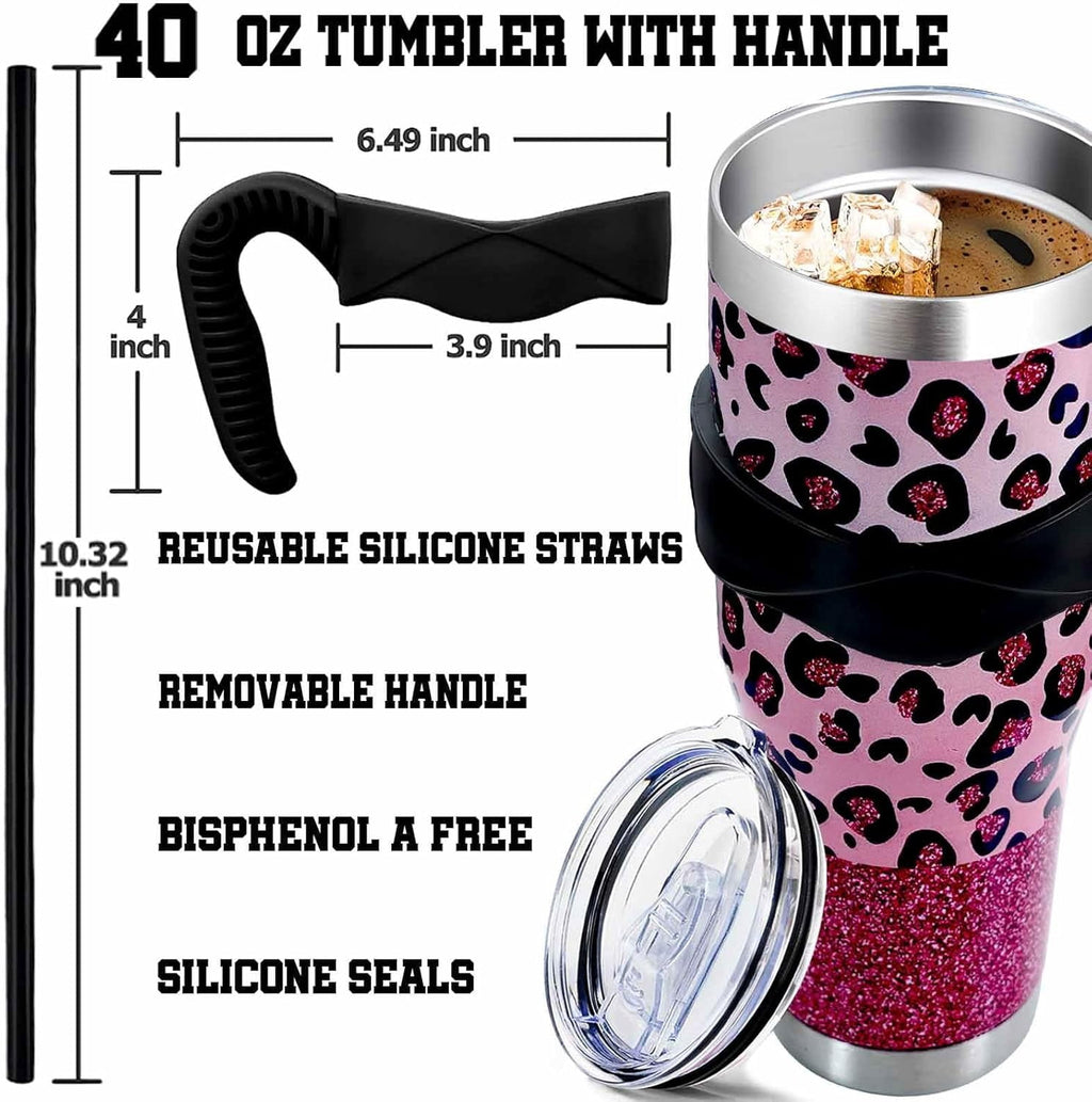 Sunmdecor Pink Leopard Print Tumbler with Handle and Silicone Straws - 40 Oz Cheetah Insulated Tumbler - Leopard Cup Gift for