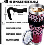 Sunmdecor Pink Leopard Print Tumbler with Handle and Silicone Straws - 40 Oz Cheetah Insulated Tumbler - Leopard Cup Gift for