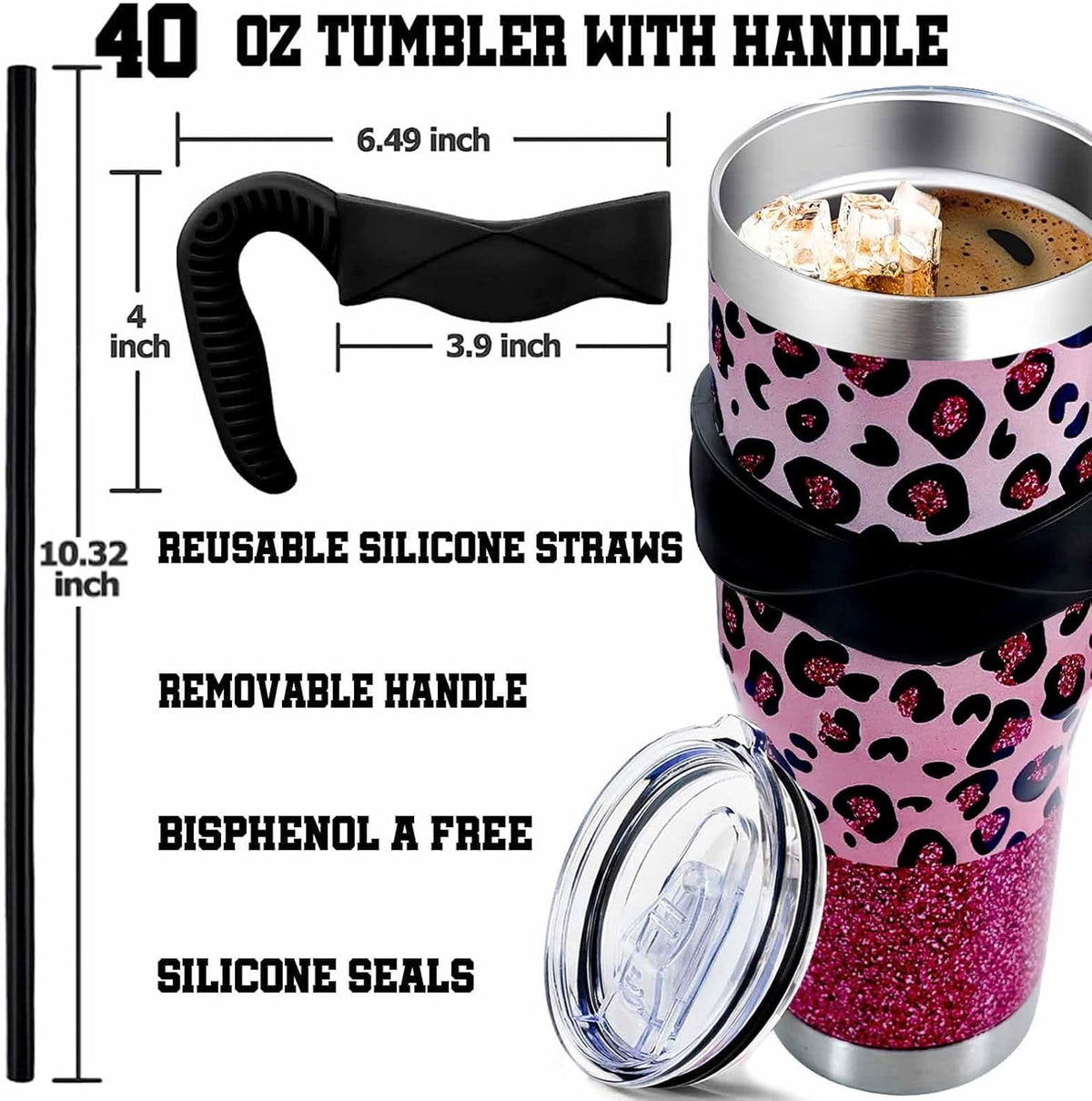 Sunmdecor Pink Leopard Print Tumbler with Handle and Silicone Straws - 40 Oz Cheetah Insulated Tumbler - Leopard Cup Gift for
