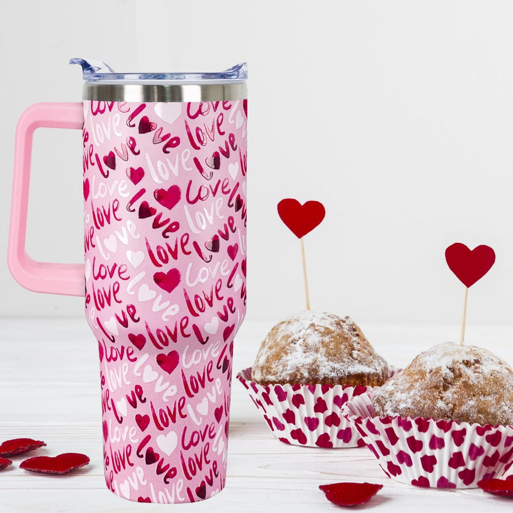 40 Oz Valentines Day Tumbler 3d-Printed Pink Love Tumbler Gifts for Couple Women Men Insulated Travel Cup with Handle Lid and
