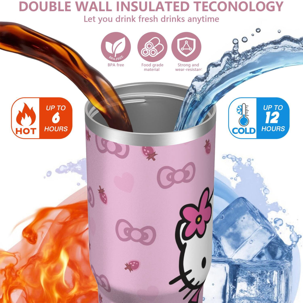 30oz Hello Kawaii Cat Cute Stainless Steel Tumbler with Lid and Straw,Spill Proof Travel Cup Double Wall Vacuum Insulated Cof