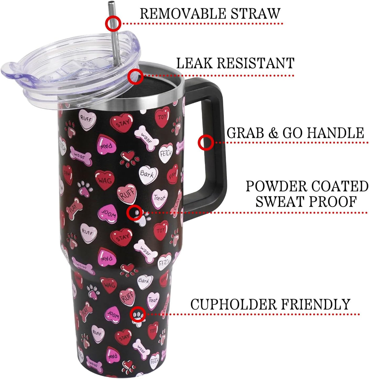 Valentines Day Gifts 40 oz Tumbler with Handle and Straw Lid,Valentine''s Day Gift for Her Women Girlfriend Wife Dog Bones an