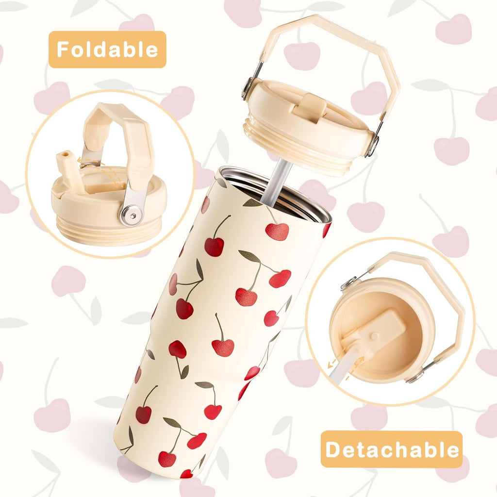 Cherry Tumbler, Cherry Gifts for Women 30 oz Tumbler with Handle and Flip Straw Stainless Steel Insulated Cup Travel Mug Wate