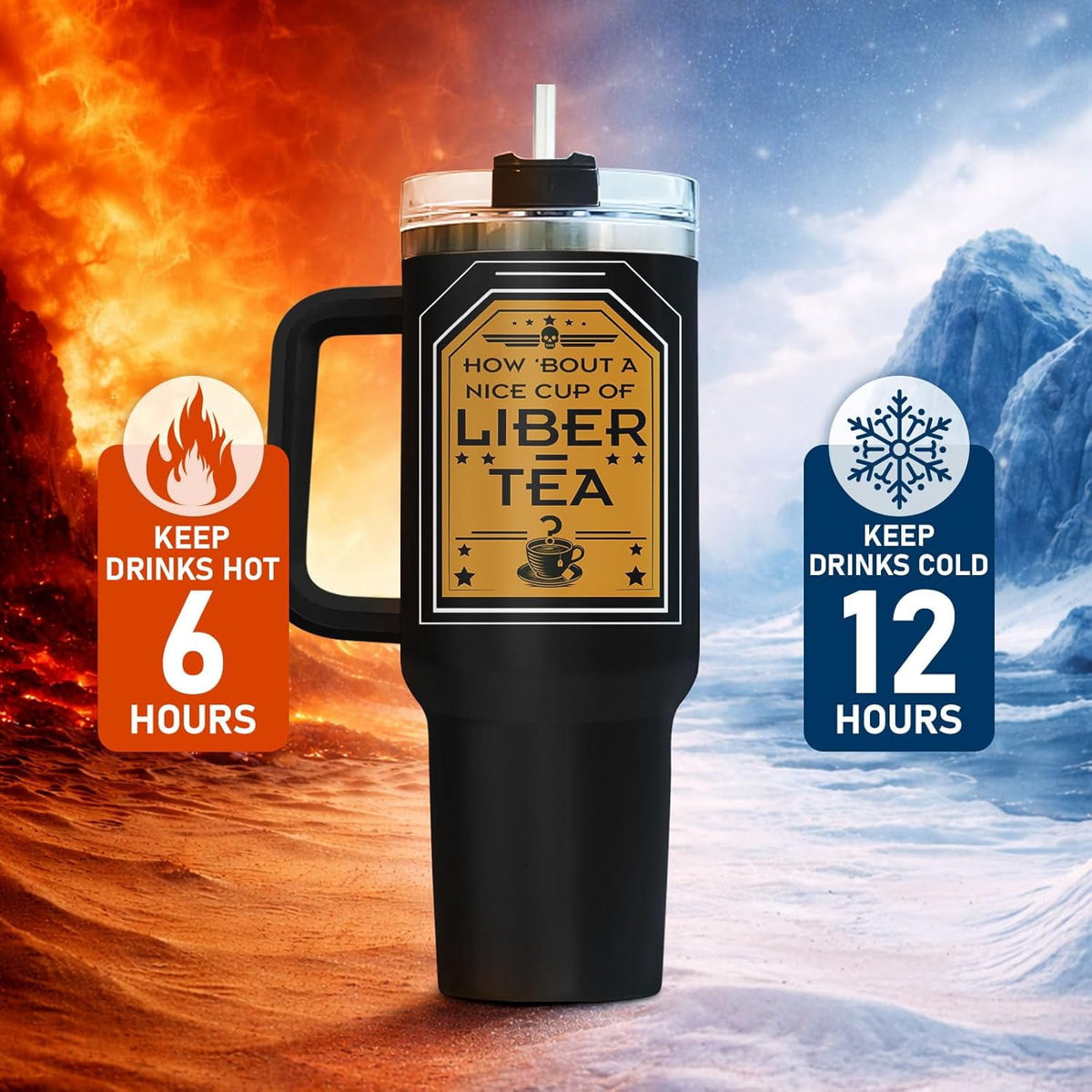 Liber Tea Tumbler 40oz with Handle and Straw, Patriotic Tea Vacuum Insulated Travel Gaming Cup, Gamer Gifts for Father''s Day