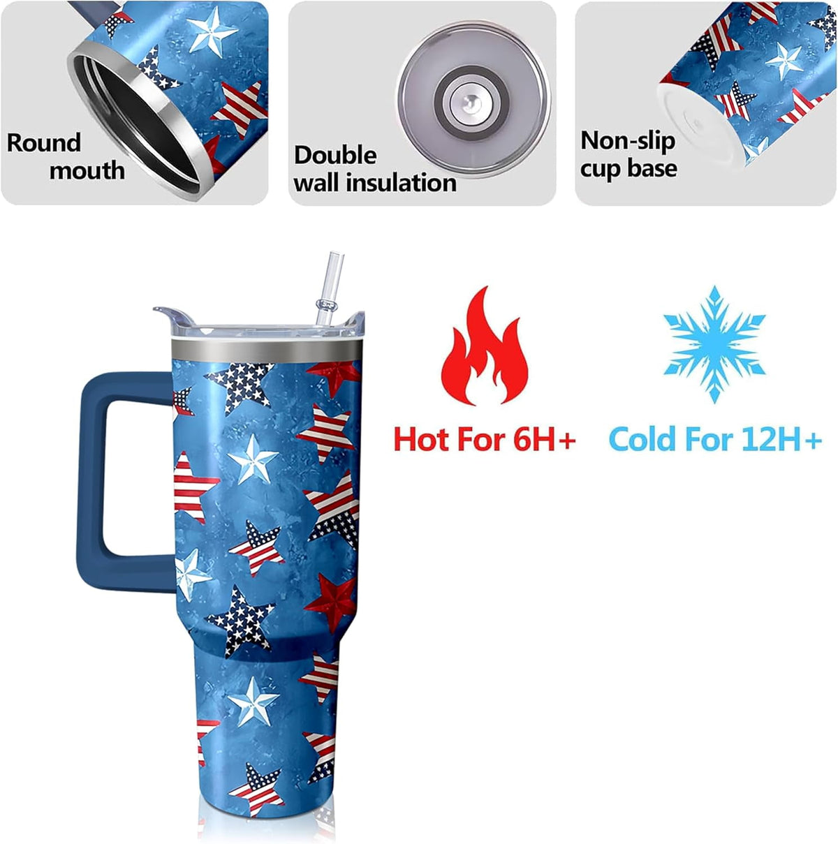 40oz American Flag 4th of july Tumbler With Handle and Straw, Gifts For Memorial Day Veterans day Independence day, Patriots 
