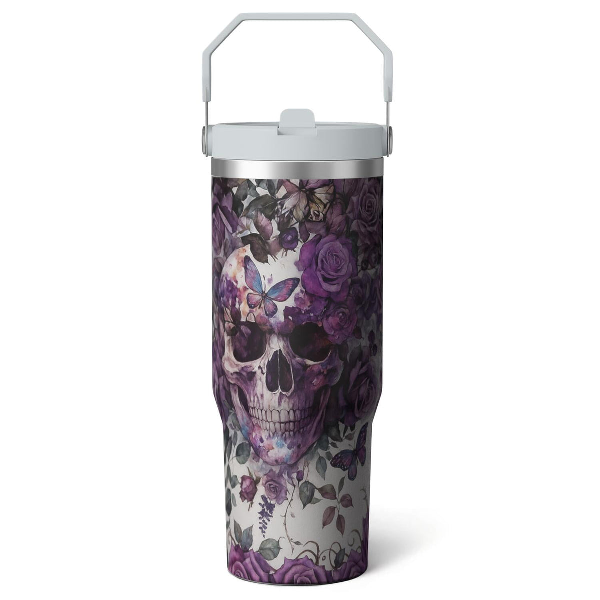 1pc Halloween Skull 30oz Tumbler with Straw & Handle - Insulated Stainless Steel Cup | Holiday Gift for Man Women (Christmas,