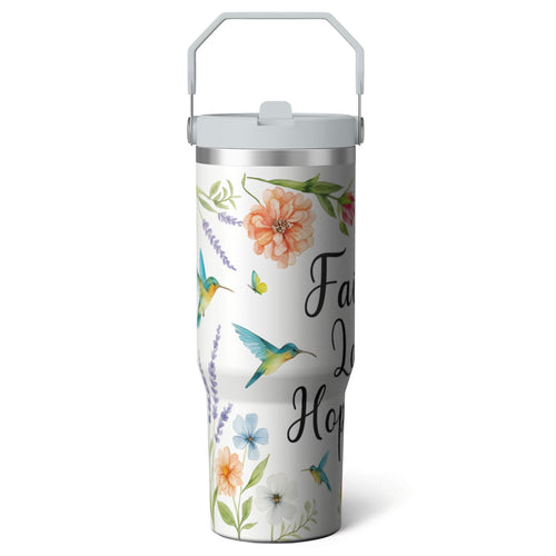 1pc Hummingbird 30oz Tumbler with Straw & Handle - Insulated Stainless Steel Cup | Holiday Gift for Man Women (Christmas, Val