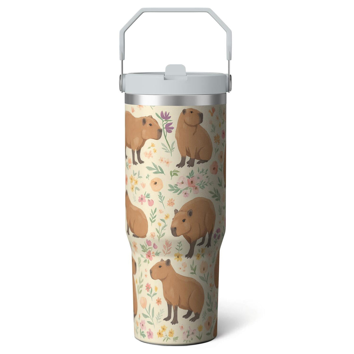 1pc Capibara 30oz Tumbler with Straw & Handle - Insulated Stainless Steel Cup | Holiday Gift for Man Women (Christmas, Valent