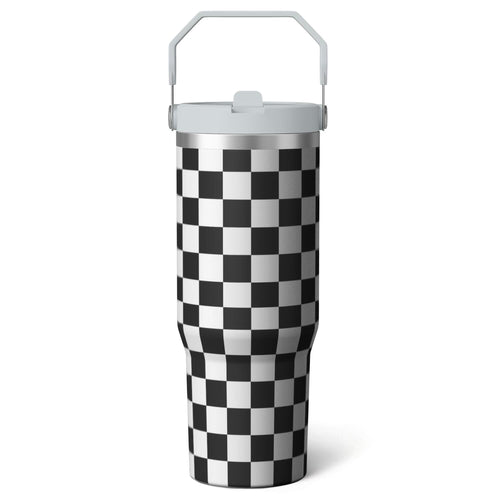 1pc Black and white grid 30oz Tumbler with Straw & Handle - Insulated Stainless Steel Cup | Holiday Gift for Man Women (Chris