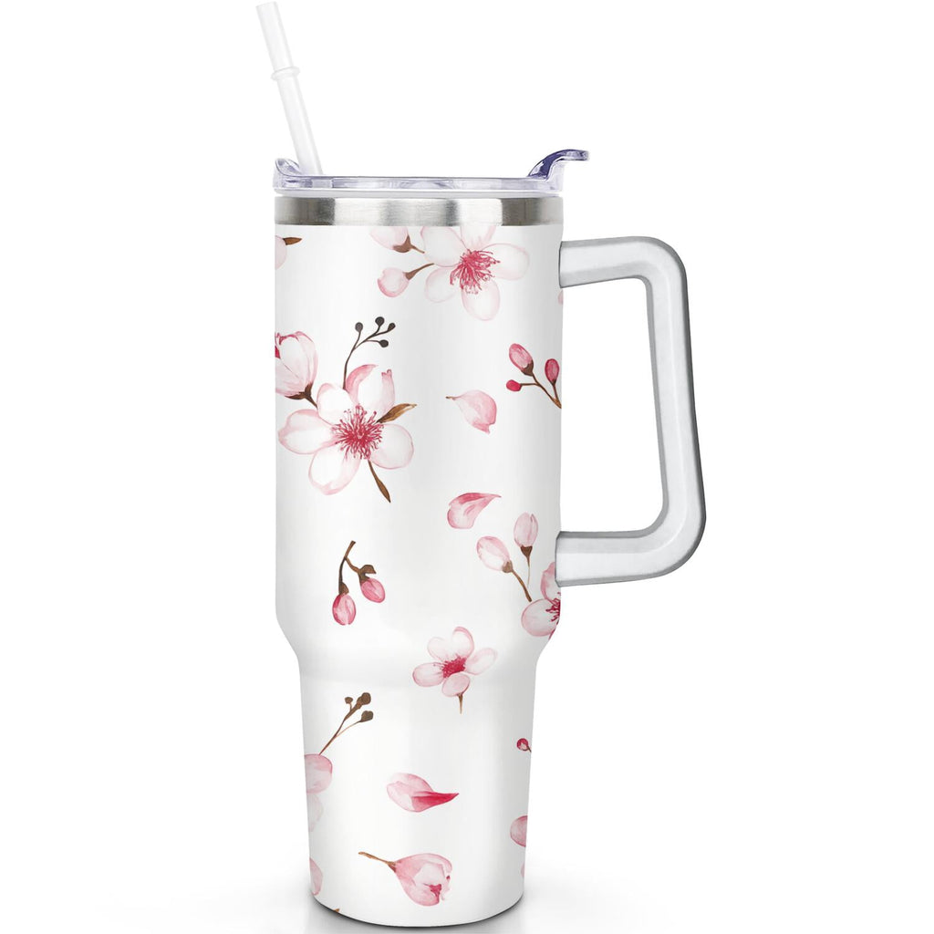 1pc cherry 40oz Tumbler with Straw & Handle - Insulated Stainless