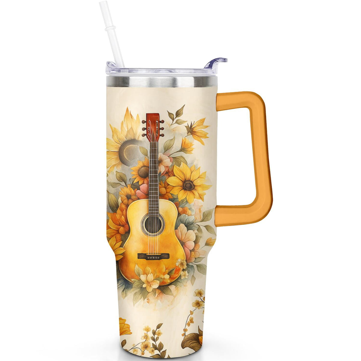1pc Sunflower 40oz Tumbler with Straw & Handle - Insulated Stainless