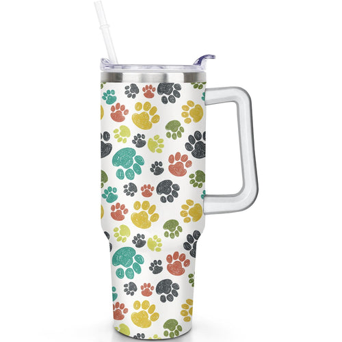 1pc Paw prints 40oz Tumbler with Straw & Handle - Insulated Stainless Steel Cup | Holiday Gift for Man Women (Christmas, Vale