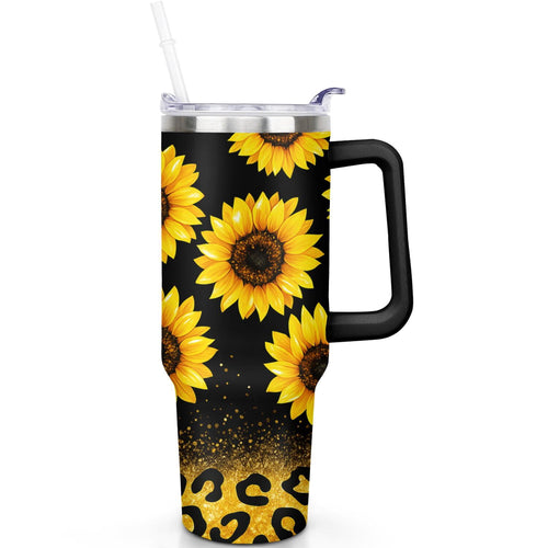 1pc Sunflower 40oz Tumbler with Straw & Handle - Insulated Stainless Steel Cup | Holiday Gift for Man Women (Christmas, Valen