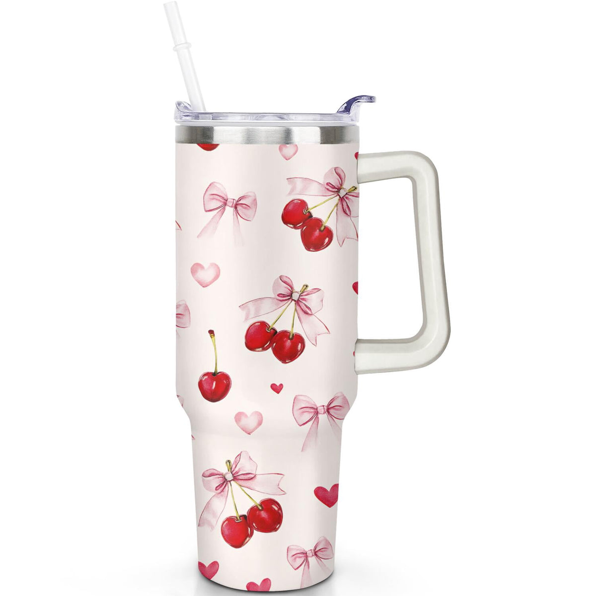1pc cherry 40oz Tumbler with Straw & Handle - Insulated Stainless Steel Cup | Holiday Gift for Man Women (Christmas, Valentin