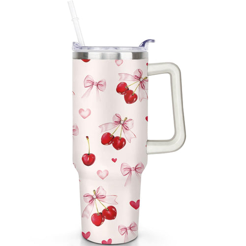 1pc cherry 40oz Tumbler with Straw & Handle - Insulated Stainless Steel Cup | Holiday Gift for Man Women (Christmas, Valentin