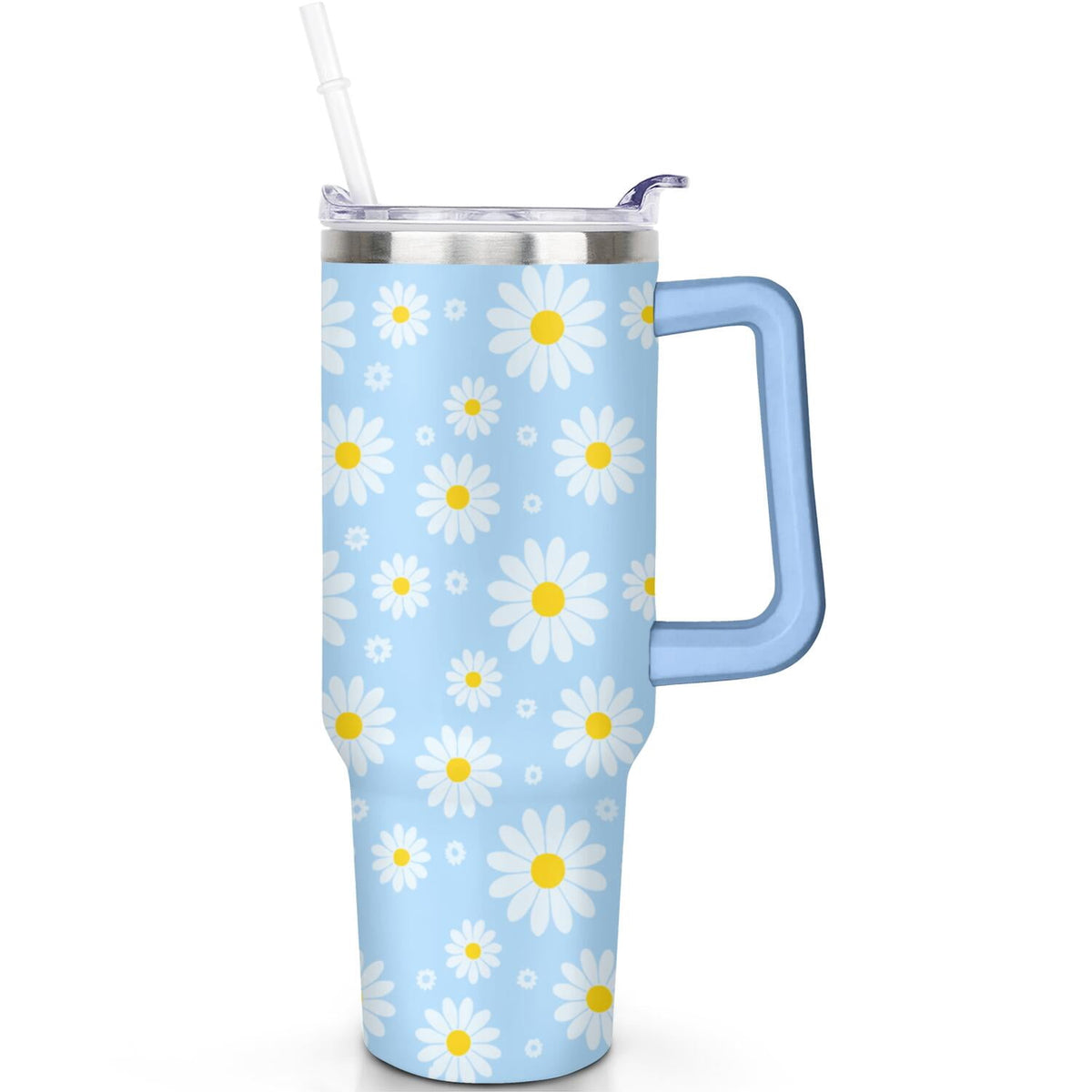 1pc daisy 40oz Tumbler with Straw & Handle - Insulated Stainless Steel Cup | Holiday Gift for Man Women (Christmas, Valentine