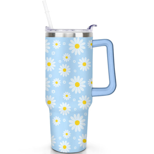 1pc daisy 40oz Tumbler with Straw & Handle - Insulated Stainless Steel Cup | Holiday Gift for Man Women (Christmas, Valentine